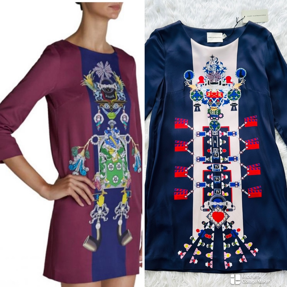 NWT Mary Katrantzou Elio Blue Printed Shift Dress 10